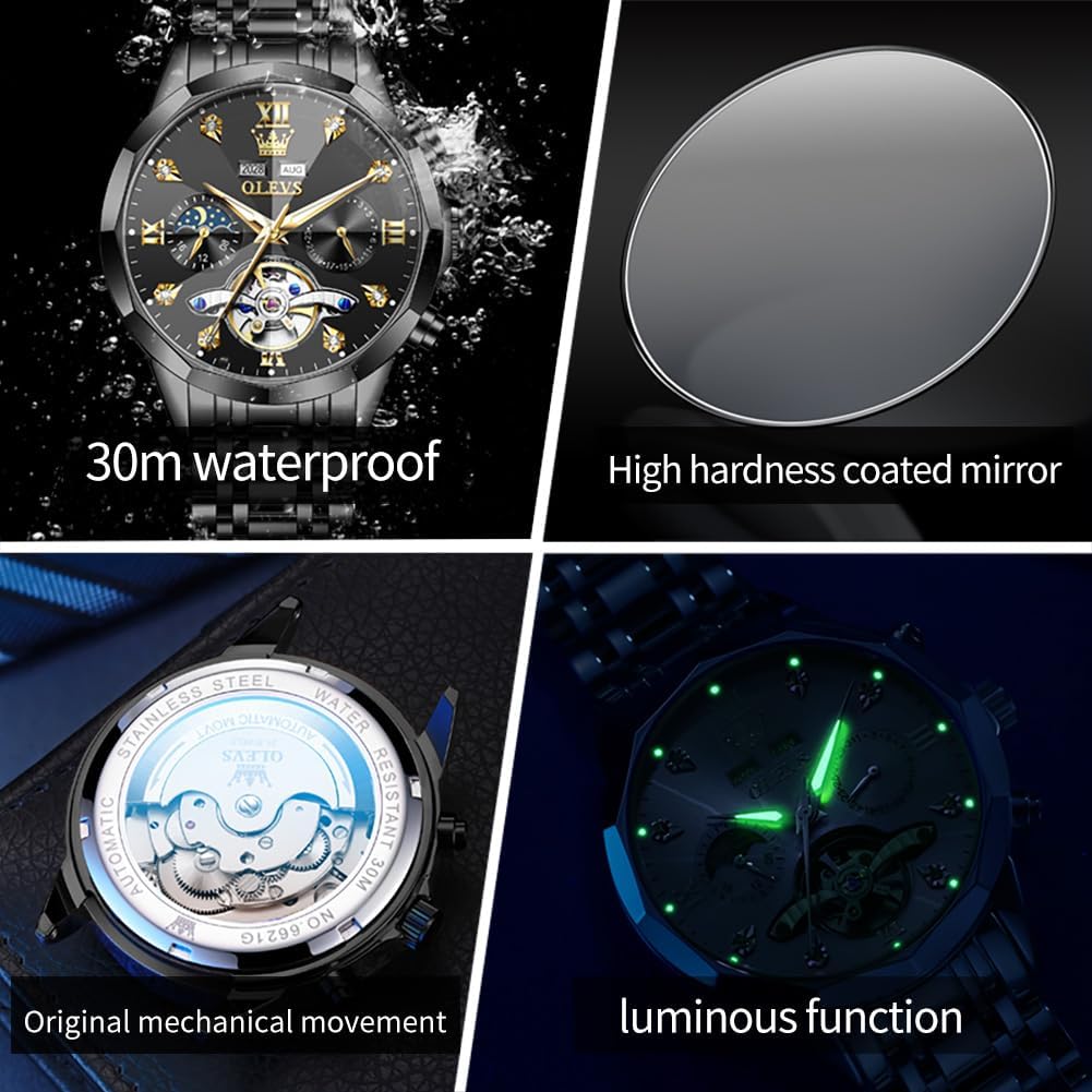 HOTOLEVS Skeleton Men Watches Automatic Business Luxury Diamond Self Winding Watch for Men Stainless Steel Calendar Wrist Watch