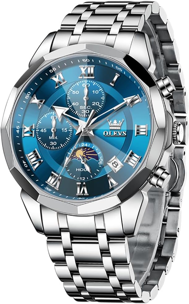 HOTOLEVS Watch Men Luxury Sliver Stainless Steel Dress Waterproof Blue Face Wrist Watches for Men Classic Analog Quartz Moon Phase Chronograph Men Watch Relojes De Hombre