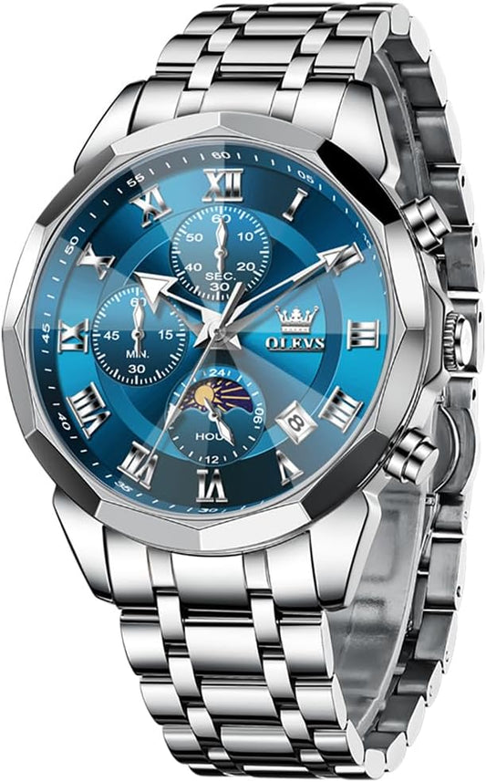 HOTOLEVS Watch Men Luxury Sliver Stainless Steel Dress Waterproof Blue Face Wrist Watches for Men Classic Analog Quartz Moon Phase Chronograph Men Watch Relojes De Hombre
