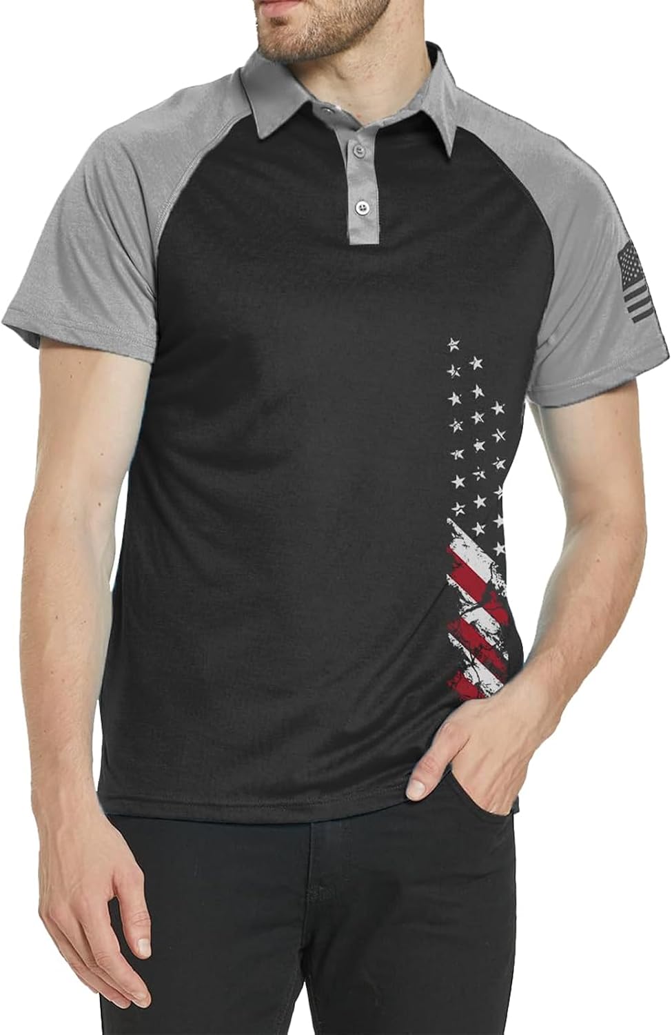 HOTMen's Polo Shirt Short Sleeve Quick Dry American Flag Print Graphic Split Color Golf Shirt for Sport