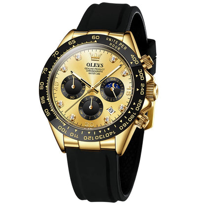 HOTOLEVS Men Analog Quartz Waterproof Watches Multifunction Chronograph Diamond Moon Phase Luminous Silicone Band Wrist Watches
