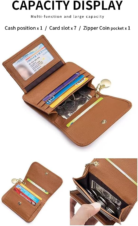 HOTSmall Wallet for Women RFID Blocking Genuine Leather Slim Keychain Wallet Tri-Fold Card Case with Coin Pocket(Brown)