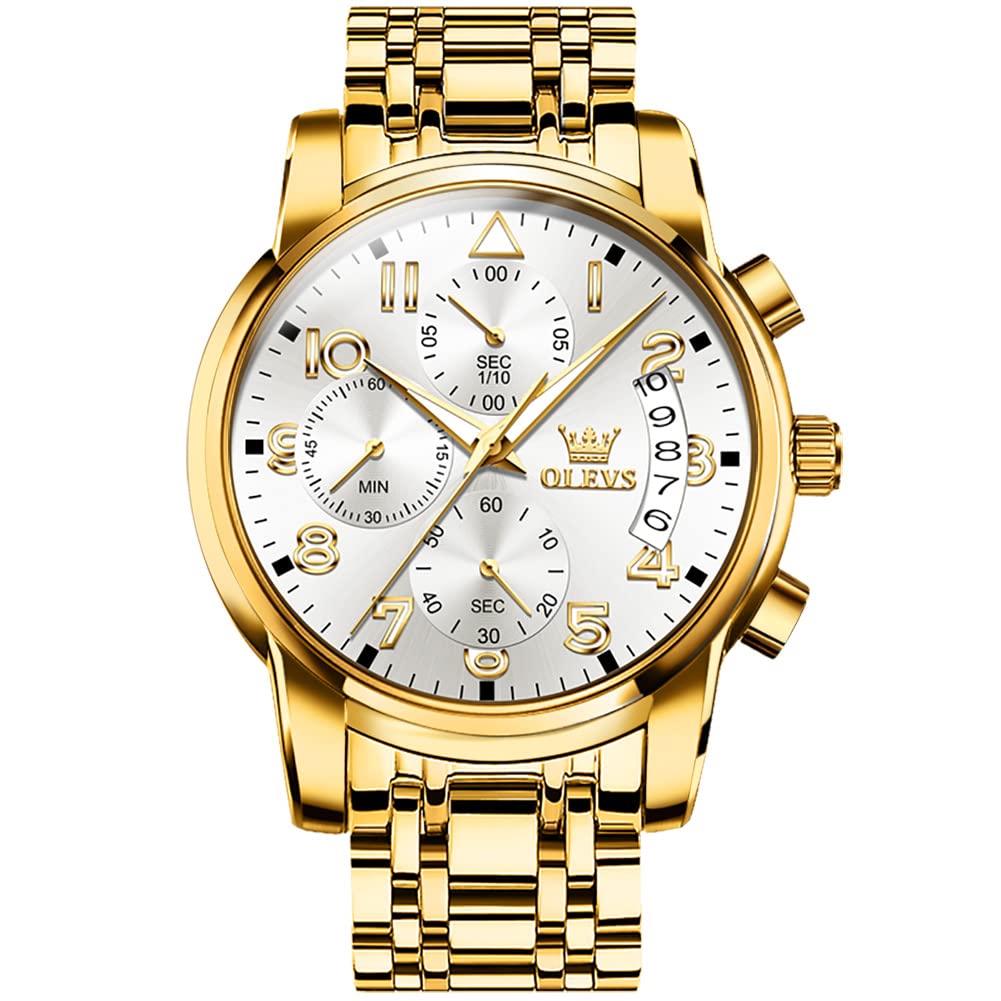 HOTOLEVS Men's Stainless Steel Chronograph Watch, Big Face Gold Silver Black Tone Easy to Read Analog Quartz Watch, Luxury Waterproof Date Diamond Roman Arabic Numerals Dial Dress Watch for Men