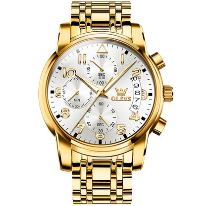 HOTOLEVS Men's Stainless Steel Chronograph Watch, Big Face Gold Silver Black Tone Easy to Read Analog Quartz Watch, Luxury Waterproof Date Diamond Roman Arabic Numerals Dial Dress Watch for Men