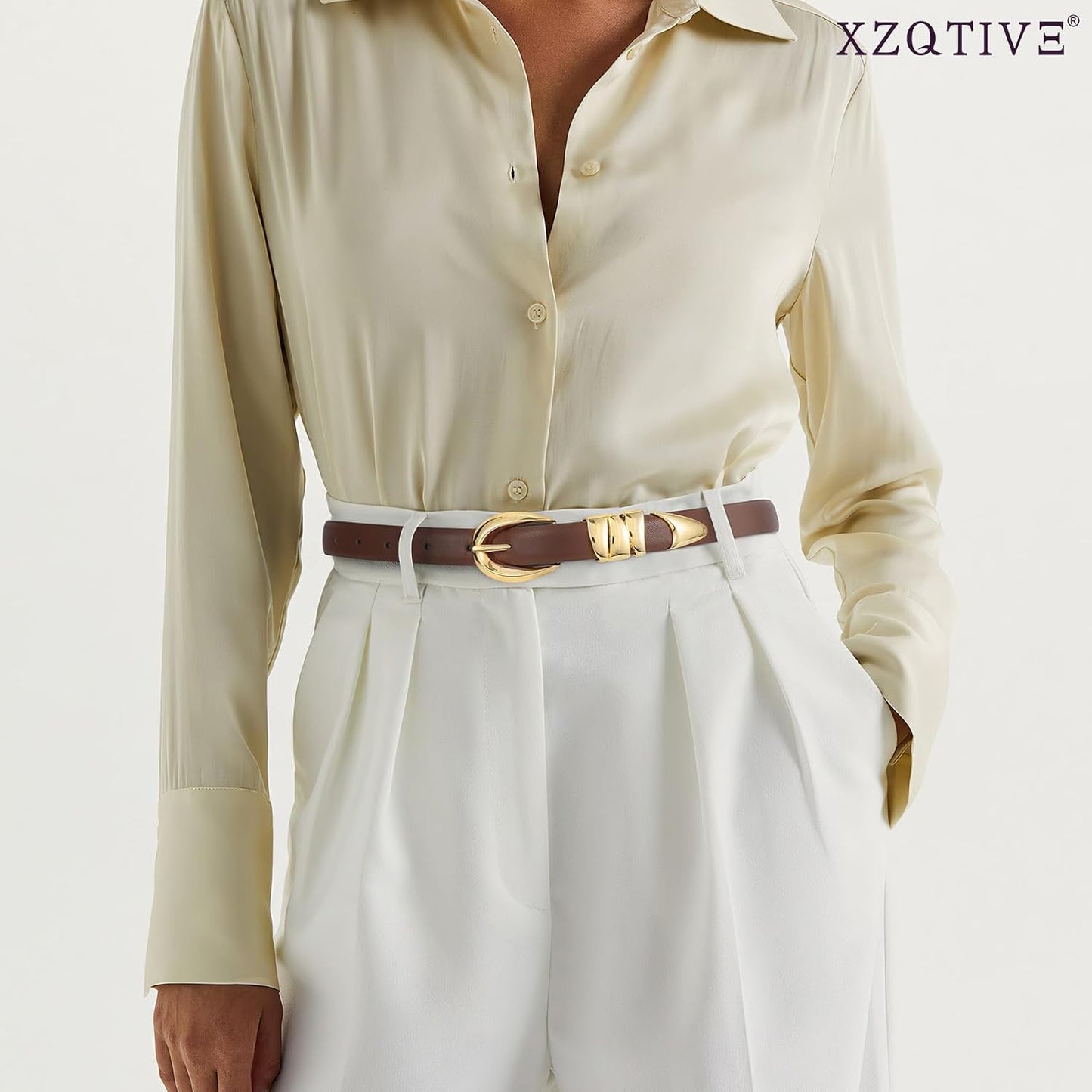 HOTXZQTIVE Women's Skinny Leather Belts Ladies Thin Waist Belts for Jeans Dress Pants Trendy Black Belt with Gold Buckle