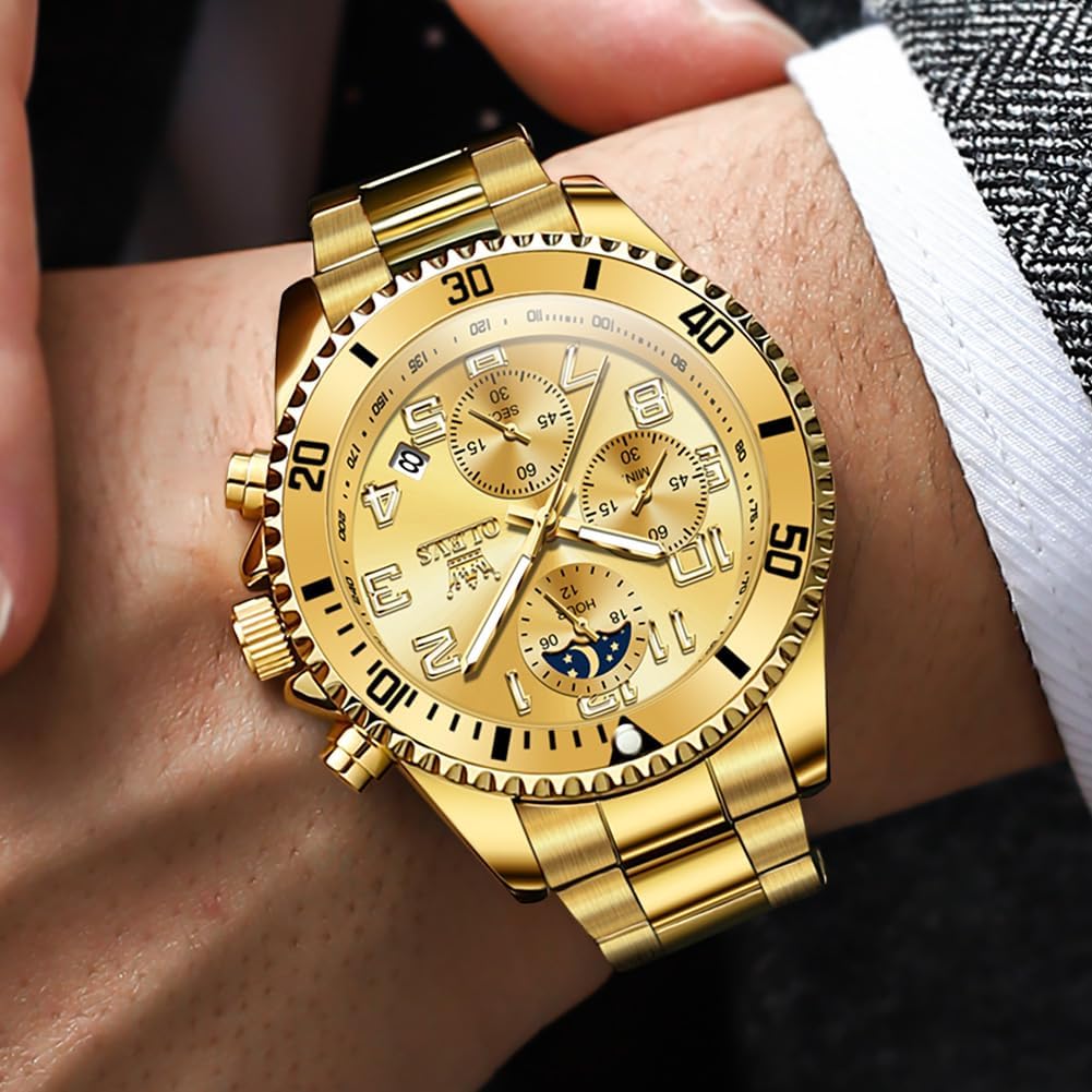 HOTOLEVS Watches Men Waterproof Luxury Big Face Mens Watch Stainless Steel Day Date Quartz Analog Dress Watches for Men Luminous Reloj para Hombres (Green/Blue/Black/Gold)