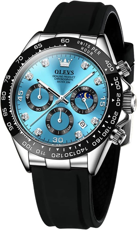 HOTOLEVS Men Analog Quartz Waterproof Watches Multifunction Chronograph Diamond Moon Phase Luminous Silicone Band Wrist Watches