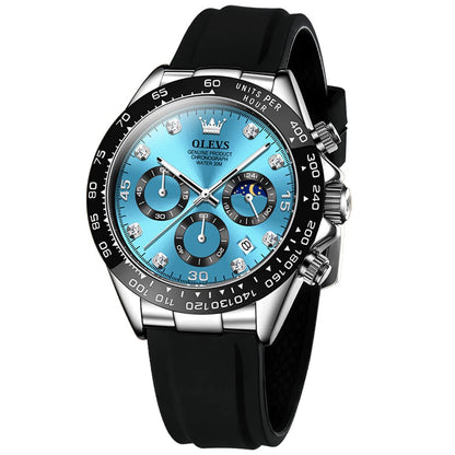 HOTOLEVS Men Analog Quartz Waterproof Watches Multifunction Chronograph Diamond Moon Phase Luminous Silicone Band Wrist Watches