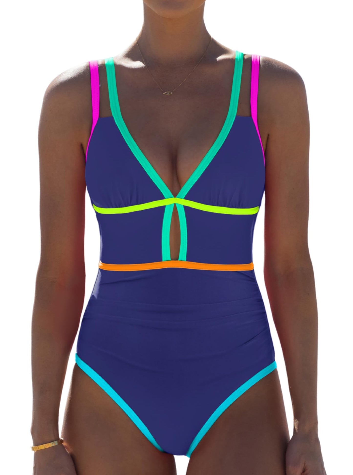 HOTpopvil Women One Piece Swimsuit 2026 Neon Tummy Control Bathing Suit | Tummy Ruched Design, Color Block, Cutout Design, Deep V Neck, Back tie,Adjustable Straps, Neon Trim,Vacation,Beach