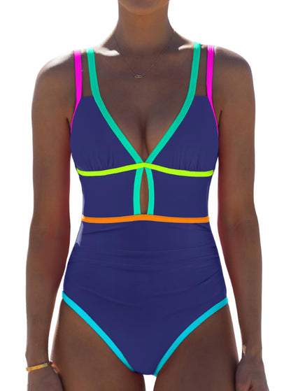 HOTpopvil Women One Piece Swimsuit 2026 Neon Tummy Control Bathing Suit | Tummy Ruched Design, Color Block, Cutout Design, Deep V Neck, Back tie,Adjustable Straps, Neon Trim,Vacation,Beach