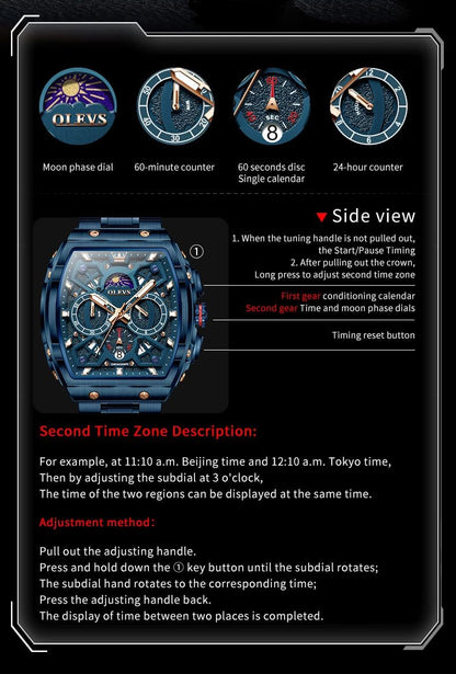 HOTOLEVS Watches for Men Analog Quartz Luxury Diamond Waterproof Chronograph Stainless Steel Big Face Square Date Moon Phase Roman Numeral Dress Mens Watches