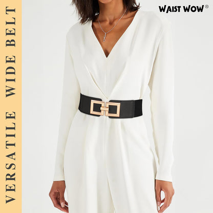 HOTWide Belts for Women Fashion Elastic Belt for Dresses Vintage Waist Belt Ladies Stretchy Belt Gold Buckle
