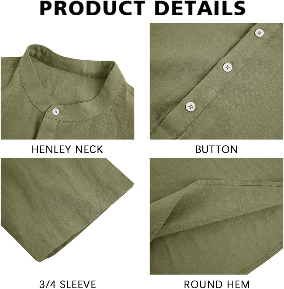 HOTRyannology Mens Linen Shirts Casual Cotton 3/4 Sleeve Regular-Fit Henley T-Shirt Summer Lightweight Beach Yoga Tops
