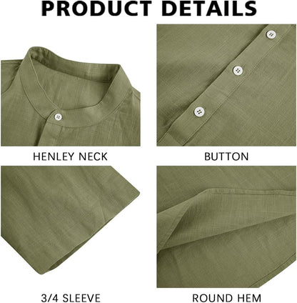 HOTRyannology Mens Linen Shirts Casual Cotton 3/4 Sleeve Regular-Fit Henley T-Shirt Summer Lightweight Beach Yoga Tops
