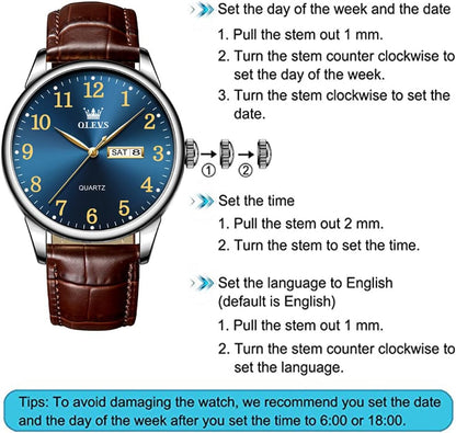 HOTOLEVS Mens Watches Vintage Leather Band Dress Classic Easy Reader Arabic Numerals Analog Quartz Waterproof Date Day Men's Wrist Watches
