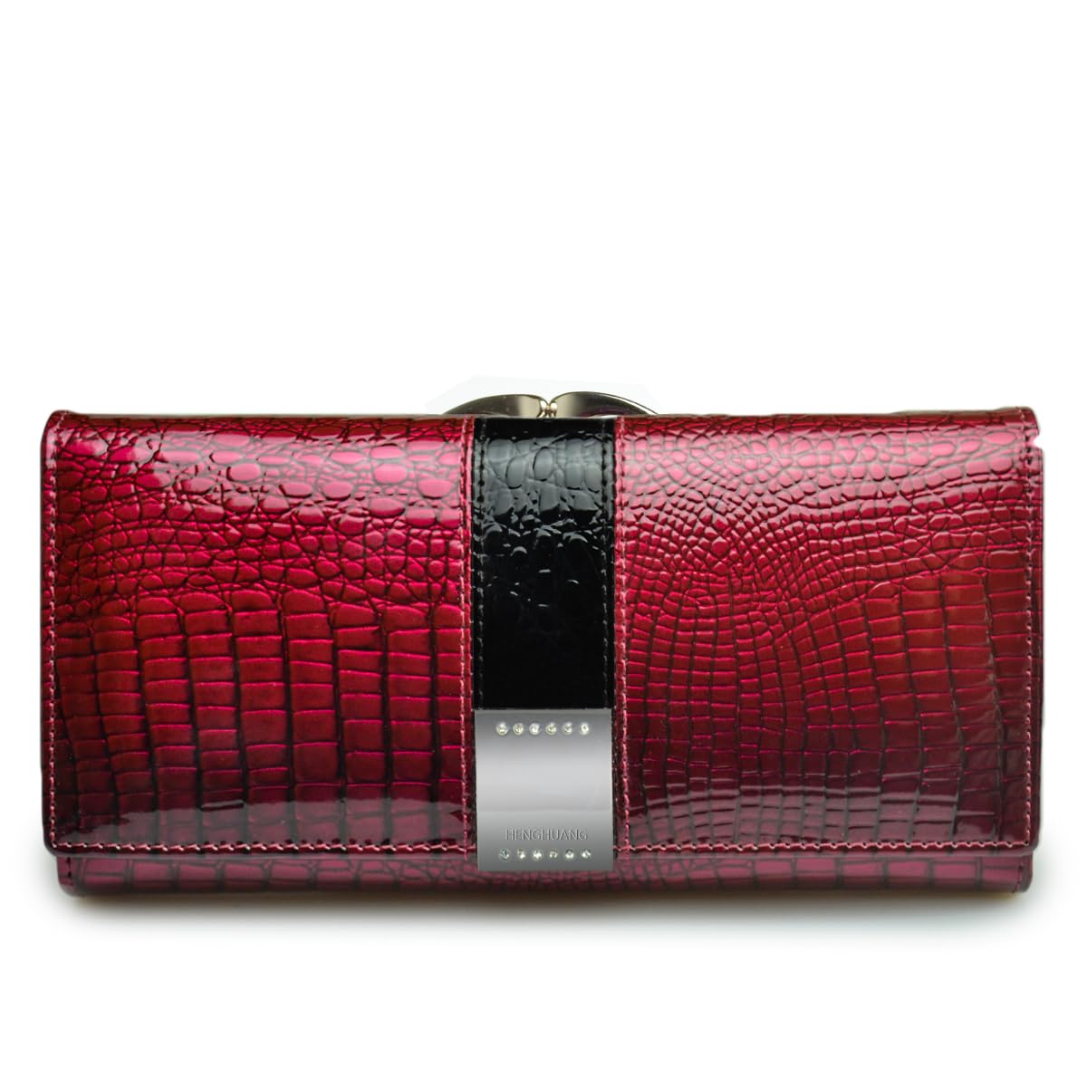 HOTWomen's Long Leather Wallet, Black Burgundy Multi-Color | Credit Card Purse, Trifold, Genuine Leather, Clutch