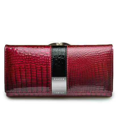 HOTWomen's Long Leather Wallet, Black Burgundy Multi-Color | Credit Card Purse, Trifold, Genuine Leather, Clutch