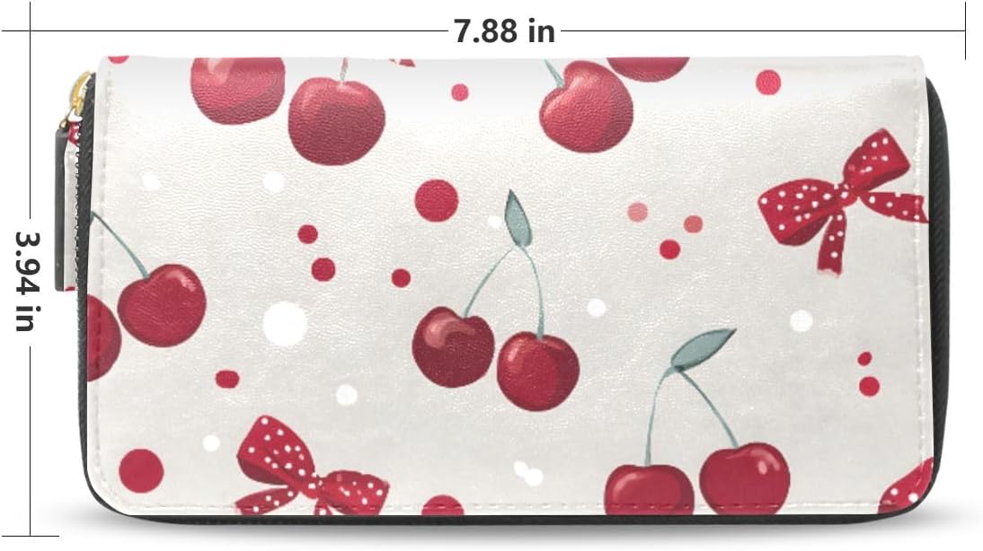 HOTBolaz Long Wallets Leather Bifold Wallet for Women Red Cherry Polka Dot with Zipper Credit Card Holder Large Capacity