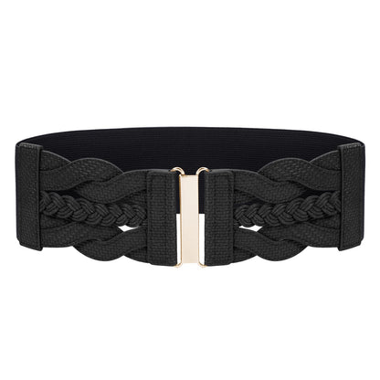 HOTGRACE KARIN Wide Belts for Women Elastic Waist Belt | 3 inch wide stretchy waistband, Woven design, Golden buckle, For dresses skirt, Vintage casual boho western style