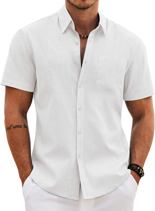 HOTCOOFANDY Men's Button Down Short Sleeve Shirt Casual Cotton Summer Beach Wedding Linen Shirts with Pocket