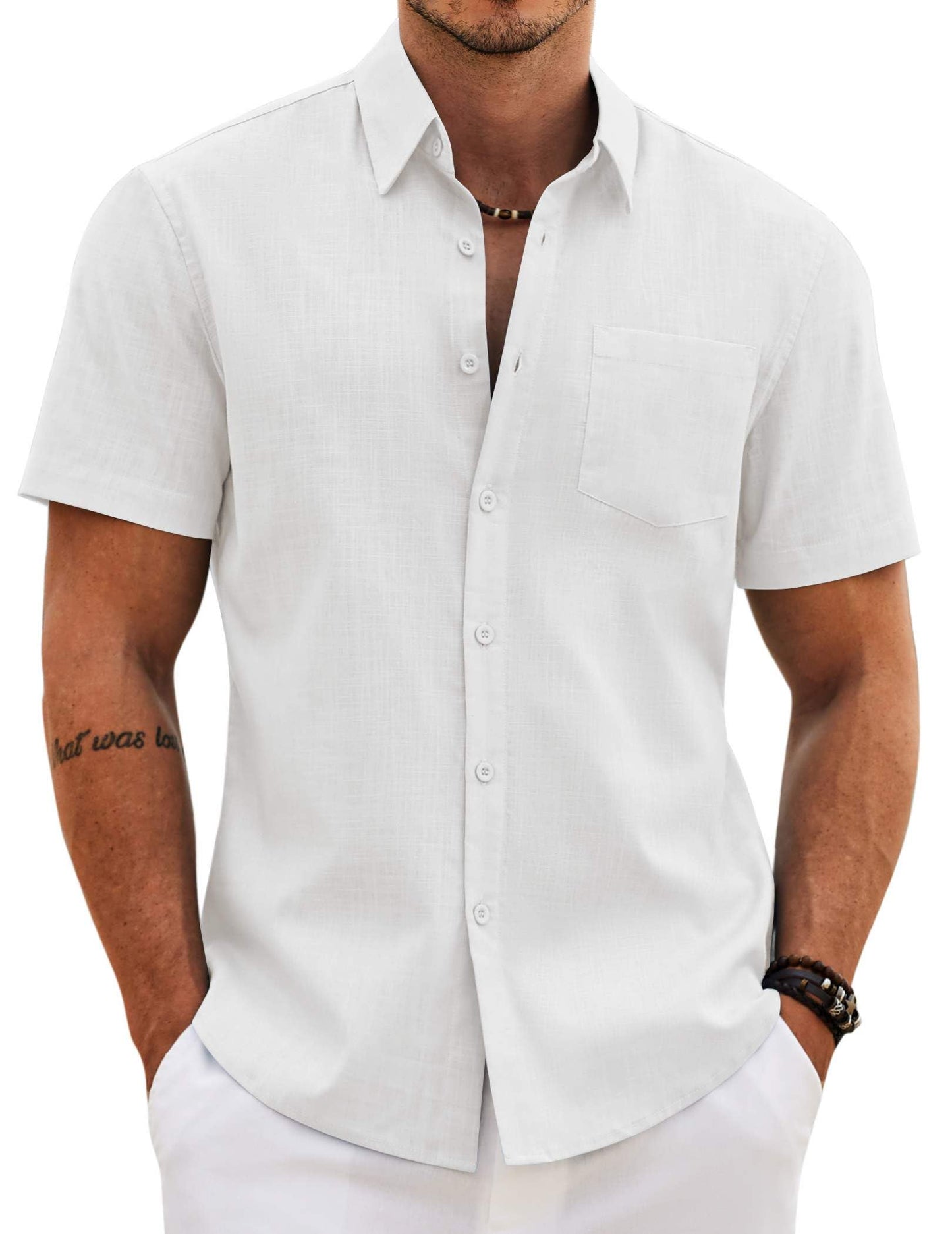 HOTCOOFANDY Men's Button Down Short Sleeve Shirt Casual Cotton Summer Beach Wedding Linen Shirts with Pocket