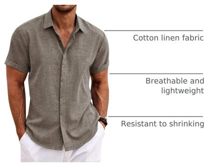 HOTCOOFANDY Men's Linen Shirts Short Sleeve Casual Shirts Button Down Shirt for Men Beach Summer Wedding Shirt
