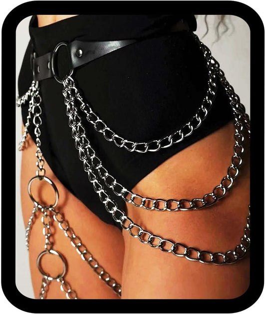 HOTELABEST Leather Thigh Chain Punk Leather Body Chain Rave PU Leg Belt for Women