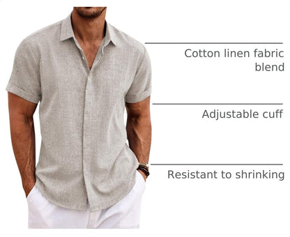 HOTCOOFANDY Men's Linen Shirts Short Sleeve Casual Shirts Button Down Shirt for Men Beach Summer Wedding Shirt