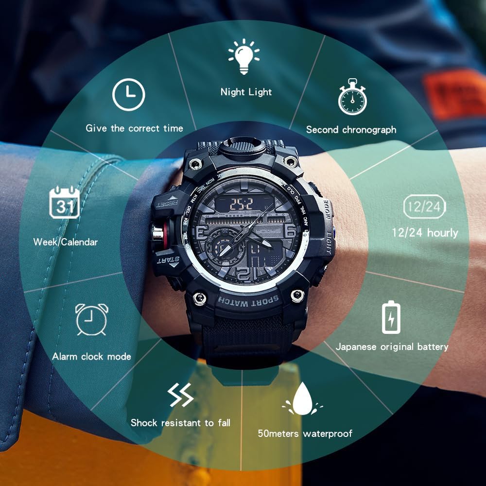 HOTKXAITO Men's Watches Sports Outdoor Waterproof Military Watch Date Multi Function Tactics LED Face Alarm Stopwatch for Men 3133