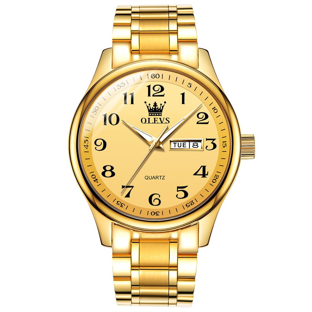 HOTOLEVS Men's Casual Stainless Steel Watch, Big Face Easy to Read Analog Quartz Watch with Day and Date, Classic Waterproof Diamond Roman Arabic Numeral Dial Dress Watch for Men, Gold Silver Black Band