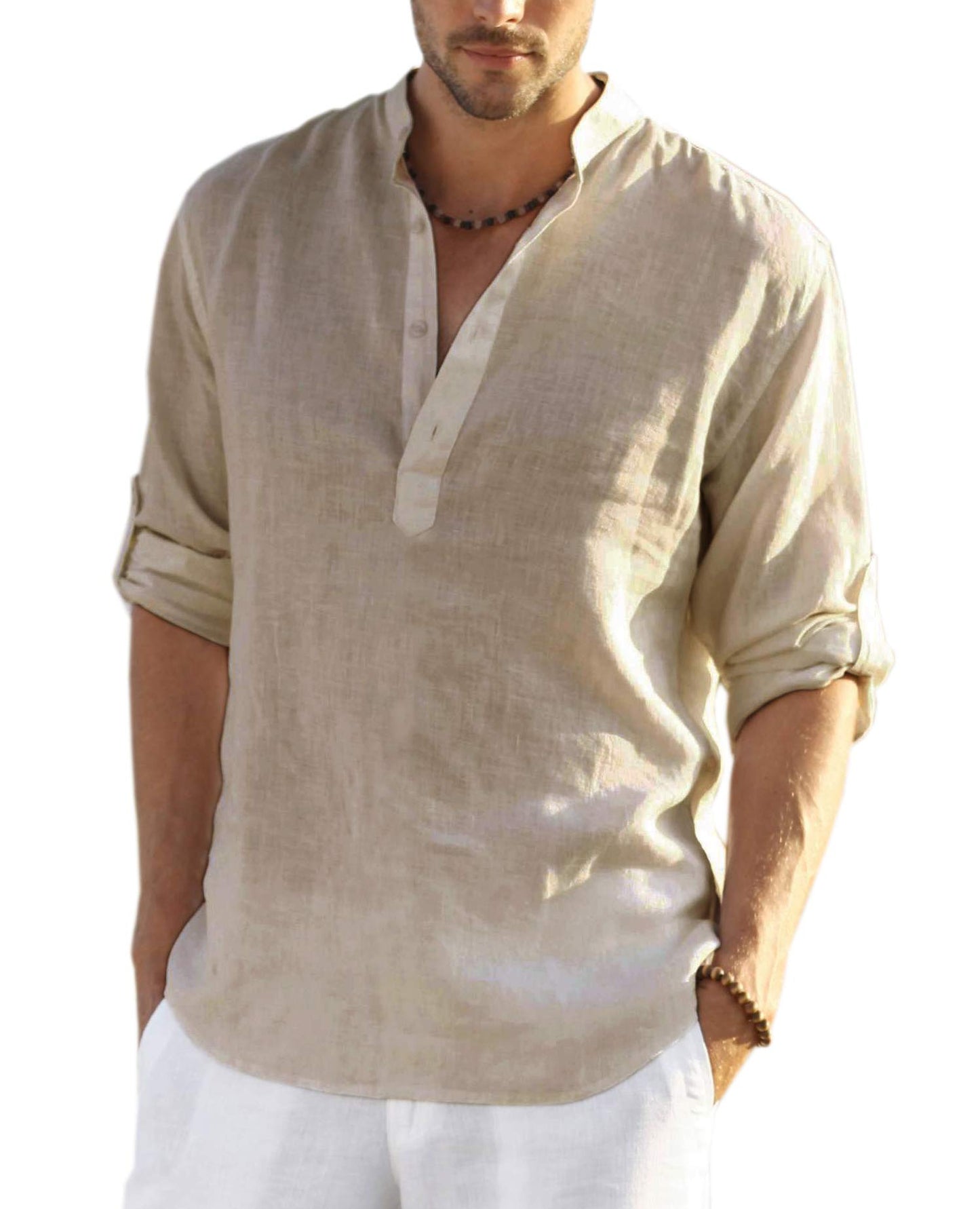 HOTCOOFANDY Men's Cotton Linen Henley T-Shirt Long Sleeve Hippie Casual Beach T-Shirts