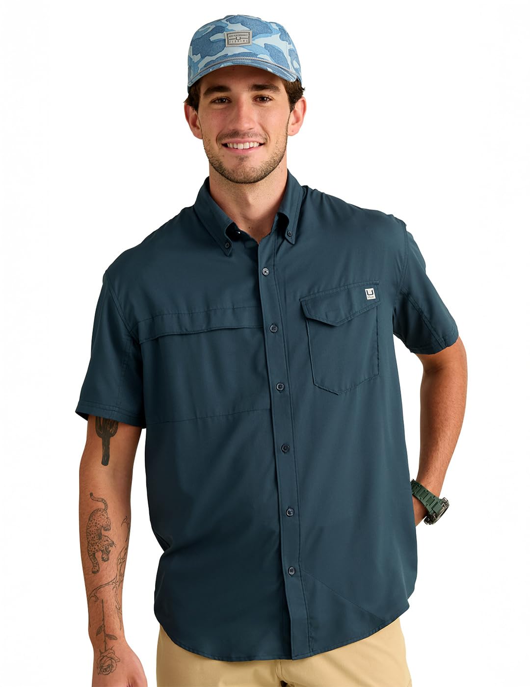 HOTHUK Men's Tide Point Kc Scott Original Artwork Short Sleeve Shirt, Fishing Button Down