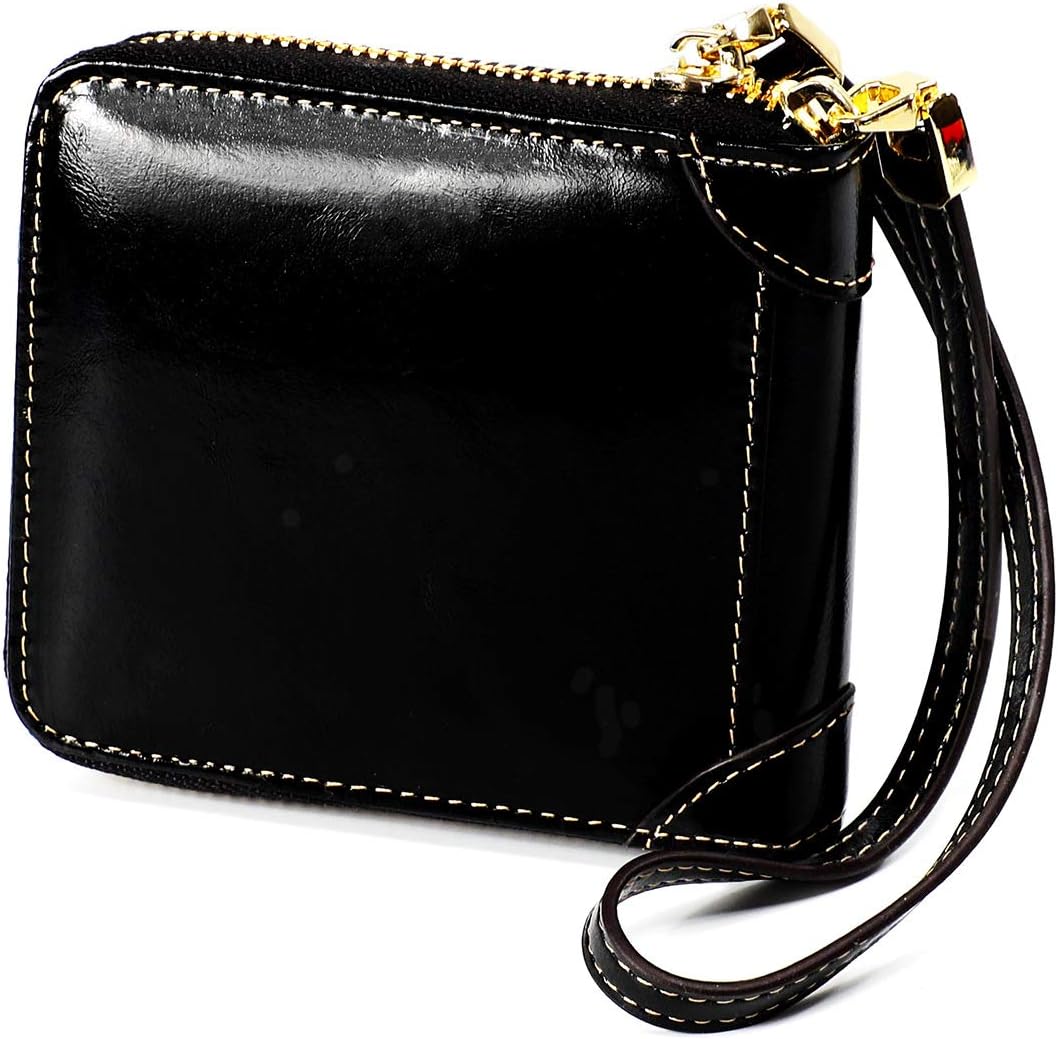 HOTSmall Womens Wallet, RFID Blocking Genuine Leather Purse Zip Around Credit Card Holder Purse Clutch Wallet with Wristlet (Black)