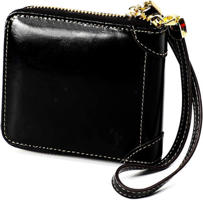 HOTSmall Womens Wallet, RFID Blocking Genuine Leather Purse Zip Around Credit Card Holder Purse Clutch Wallet with Wristlet (Black)
