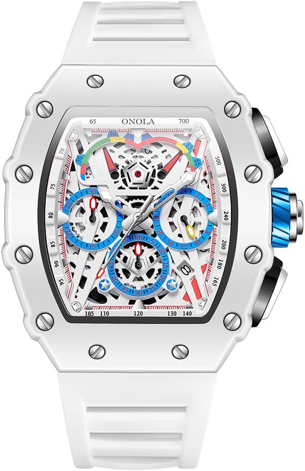 HOTFANMIS Fashion Hollowed Men Watches Tonneau Skeleton Dial Big Face 30M Water Resistant Chronograph Casual Watch with Silicone Strap Multifunctional Outdoor Sports Watch for Men’s