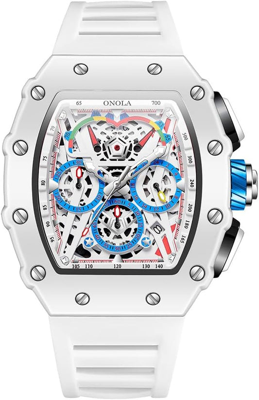 HOTFANMIS Fashion Hollowed Men Watches Tonneau Skeleton Dial Big Face 30M Water Resistant Chronograph Casual Watch with Silicone Strap Multifunctional Outdoor Sports Watch for Men’s