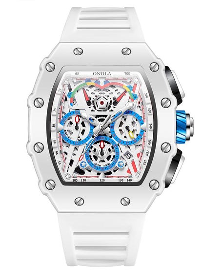 HOTFANMIS Fashion Hollowed Men Watches Tonneau Skeleton Dial Big Face 30M Water Resistant Chronograph Casual Watch with Silicone Strap Multifunctional Outdoor Sports Watch for Men’s
