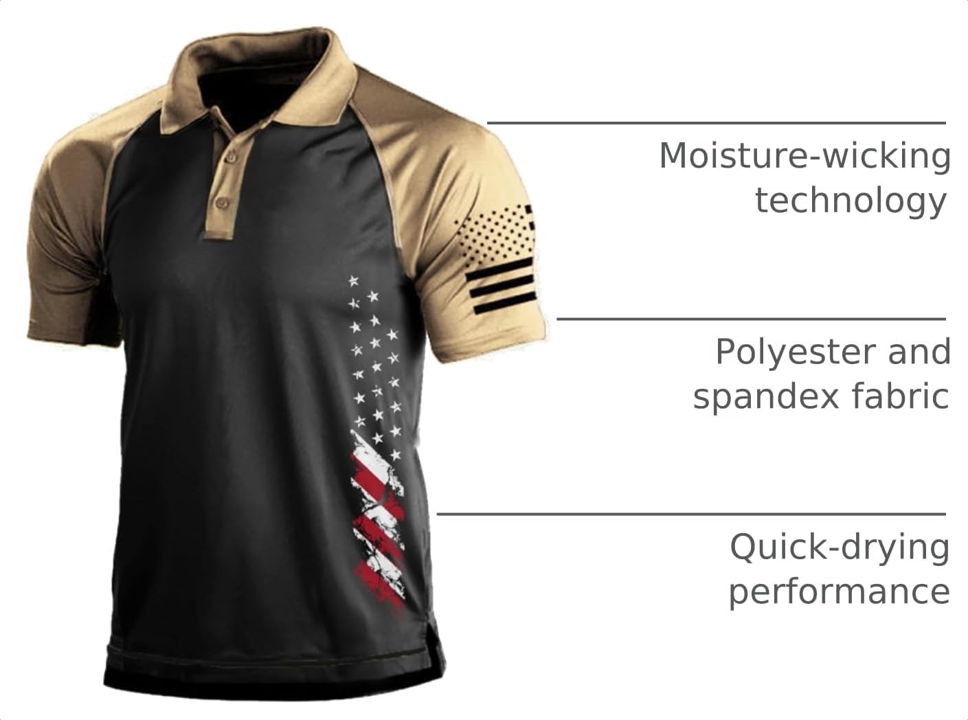 HOTMen's Polo Shirt Short Sleeve Quick Dry American Flag Print Graphic Split Color Golf Shirt for Sport