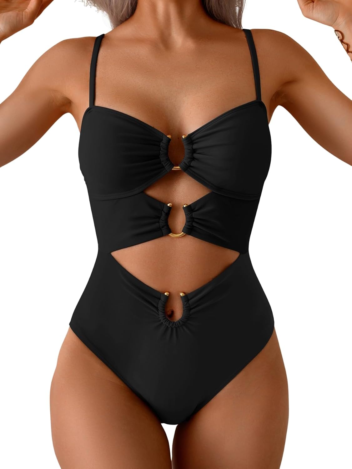 HOTEomenie Womens Cutout One Piece Swimsuit Sexy Bathing Suit | Ring Linked, Adjustable Spaghetti Straps, Bra Support, Soft Removable Cups, Monokini for Beach Vacation, Pool Side
