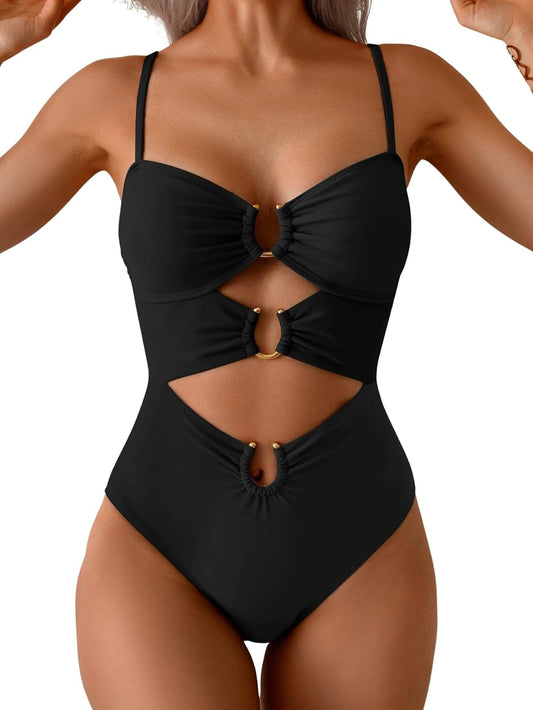 HOTEomenie Womens Cutout One Piece Swimsuit Sexy Bathing Suit | Ring Linked, Adjustable Spaghetti Straps, Bra Support, Soft Removable Cups, Monokini for Beach Vacation, Pool Side