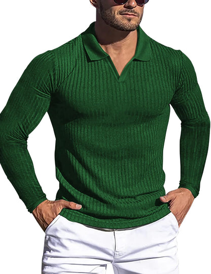 HOTMen's Muscle V Neck Polo Shirts Slim Fit Short Long Sleeve Cotton Golf T-Shirts Ribbed Knit Soft Tees