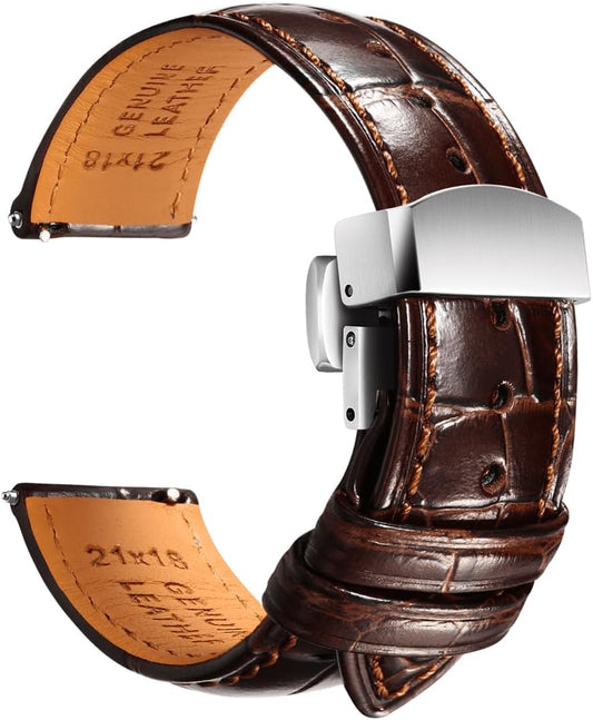 HOTREZERO Leather Watch Band for Men, Quick-Release Alligator Grain Embossed | REZERO Watch Bands Replacement | Luxury Style | 316L Stainless Steel Hardware | Curved End for Round Dial | 19/20/21/22mm