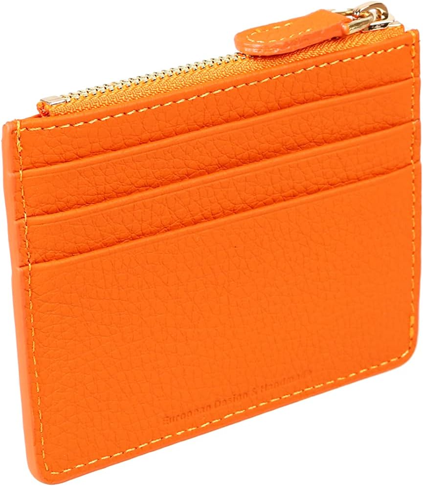 HOTgrande 3603 Genuine Leather Card Holder For Women and Men Slim Minimalist Small Zipper Wallet (ORANGE)