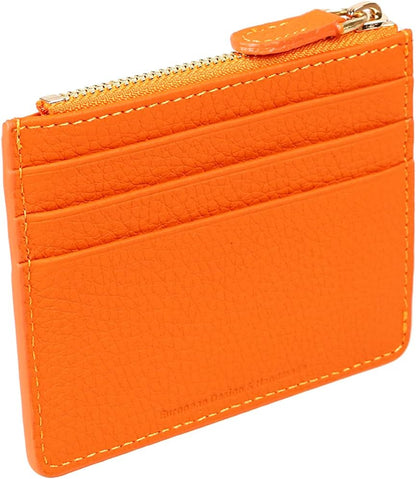 HOTgrande 3603 Genuine Leather Card Holder For Women and Men Slim Minimalist Small Zipper Wallet (ORANGE)