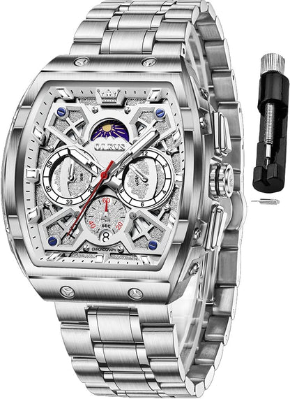 HOTOLEVS Men Watches Business Dress Chronograph Big Square Quartz Analog Male Watch Silicone Strap Waterproof Date Gift Mens Wrsit Watch Silver