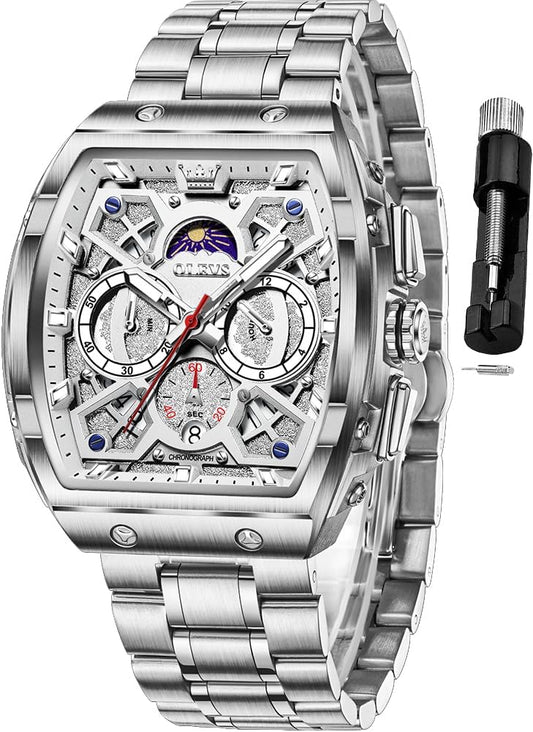 HOTOLEVS Men Watches Business Dress Chronograph Big Square Quartz Analog Male Watch Silicone Strap Waterproof Date Gift Mens Wrsit Watch Silver