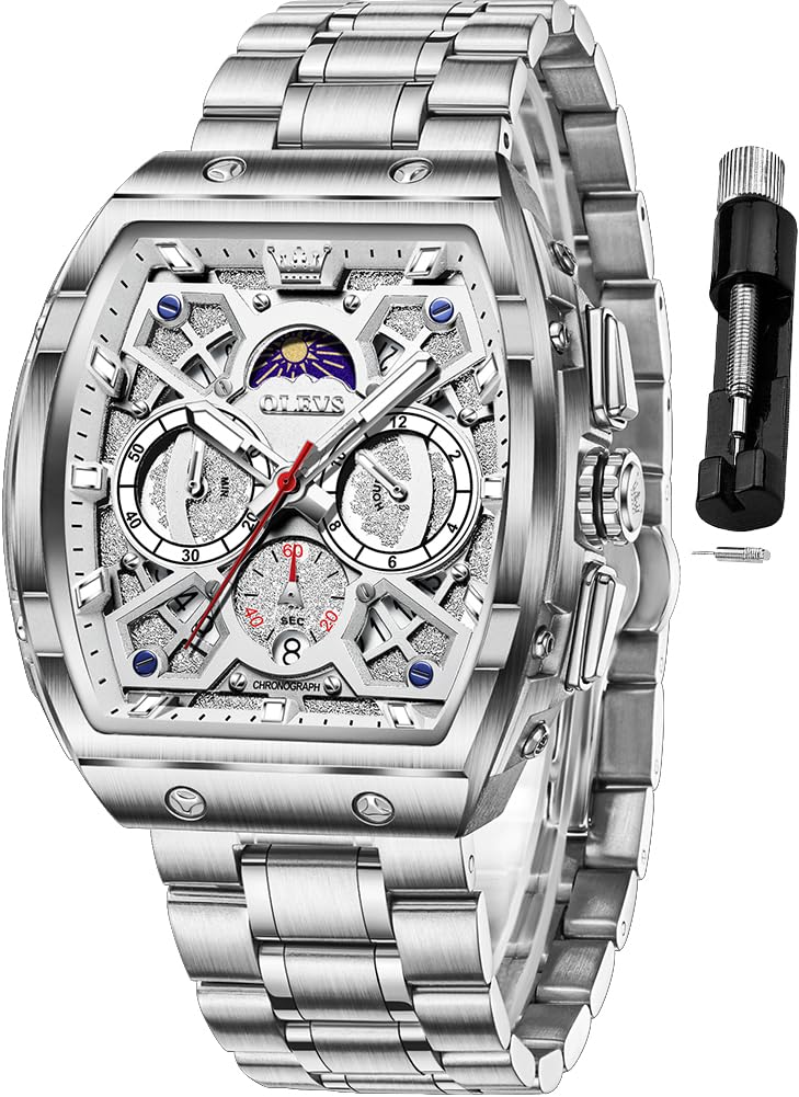 HOTOLEVS Men Watches Business Dress Chronograph Big Square Quartz Analog Male Watch Silicone Strap Waterproof Date Gift Mens Wrsit Watch Silver