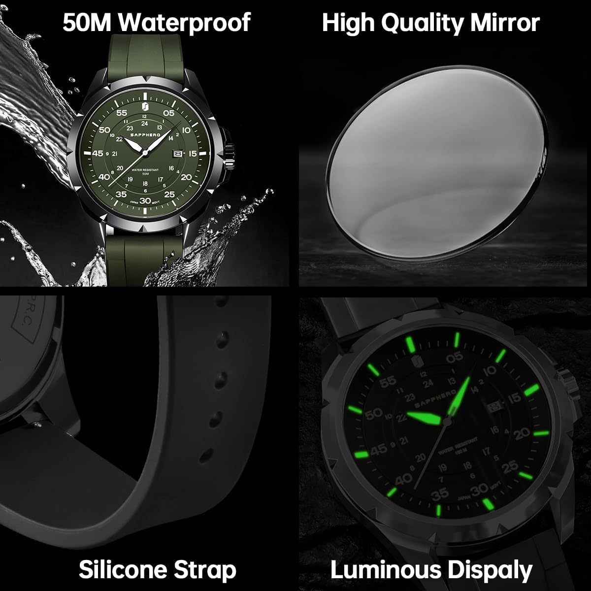 HOTSAPPHERO Mens Watch 50M Waterproof Luminous Quartz Analog Watches with Date Display Casual Stylish Work Business Classic Silicone Strap Men's Wrist Watches Elegant Gifts for Men