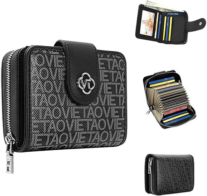 HOTCredit Card Wallets for Women, Leather Cardholder with Zipper Around, Small Rfid Ladies Wallet, Accordion Compact Bifold Purse for Travel, 19 Card Slots, ID Window, Cash Organizer - Black