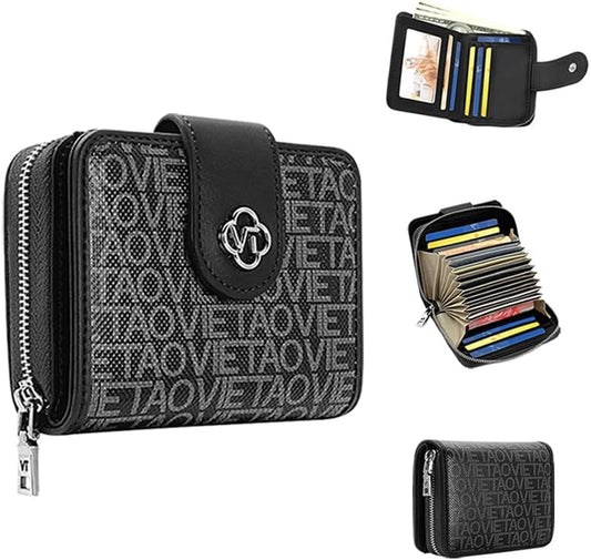 HOTCredit Card Wallets for Women, Leather Cardholder with Zipper Around, Small Rfid Ladies Wallet, Accordion Compact Bifold Purse for Travel, 19 Card Slots, ID Window, Cash Organizer - Black